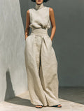 Casual Sleeveless Suit Summer Stand-up Collar Pullover Top
 And Loose Straight-leg Trousers Women's Clothing