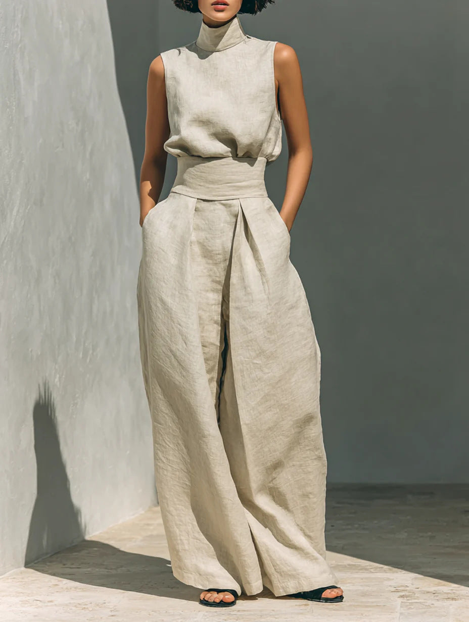 Casual Sleeveless Suit Summer Stand-up Collar Pullover Top
 And Loose Straight-leg Trousers Women's Clothing
