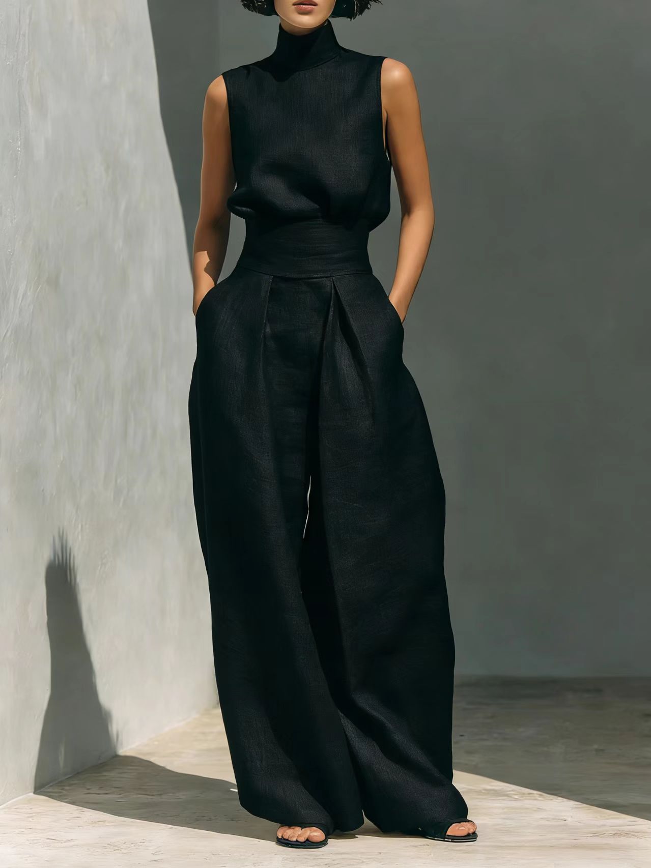 Casual Sleeveless Suit Summer Stand-up Collar Pullover Top
 And Loose Straight-leg Trousers Women's Clothing