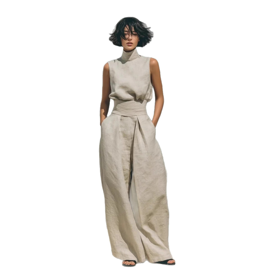 Casual Sleeveless Suit Summer Stand-up Collar Pullover Top
 And Loose Straight-leg Trousers Women's Clothing