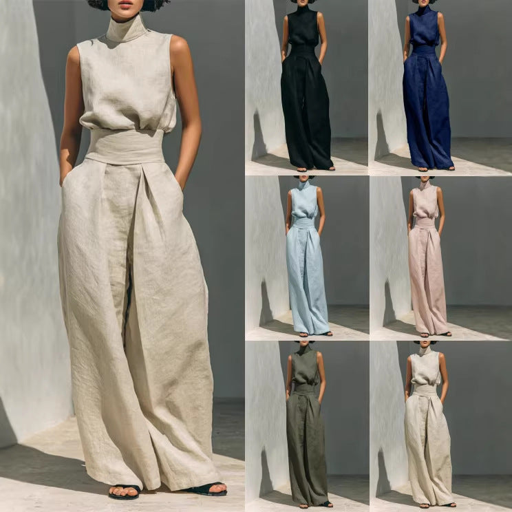 Casual Sleeveless Suit Summer Stand-up Collar Pullover Top
 And Loose Straight-leg Trousers Women's Clothing
