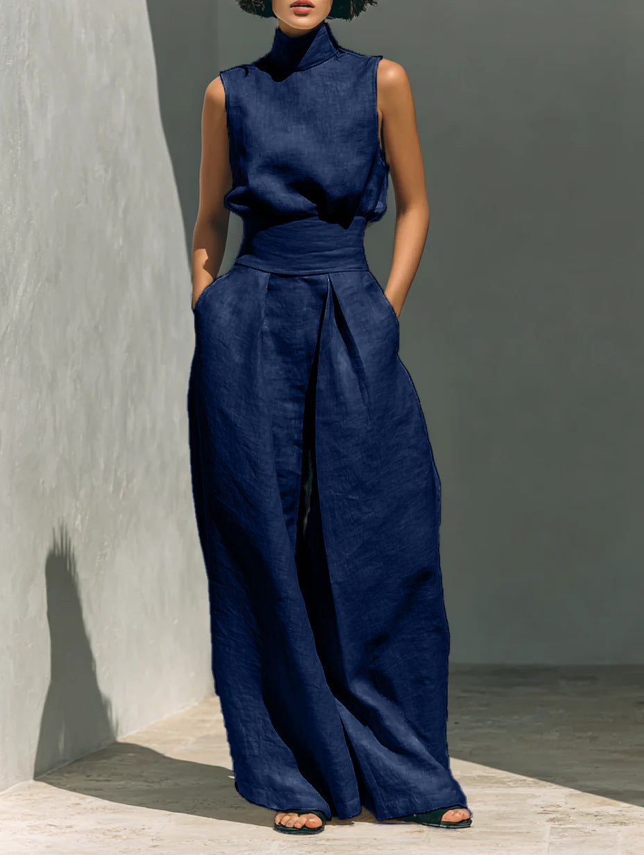 Casual Sleeveless Suit Summer Stand-up Collar Pullover Top
 And Loose Straight-leg Trousers Women's Clothing