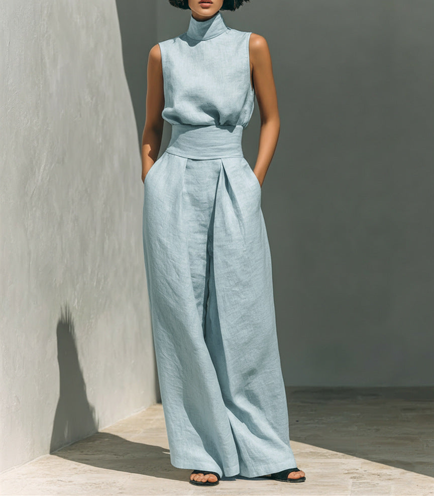 Casual Sleeveless Suit Summer Stand-up Collar Pullover Top
 And Loose Straight-leg Trousers Women's Clothing
