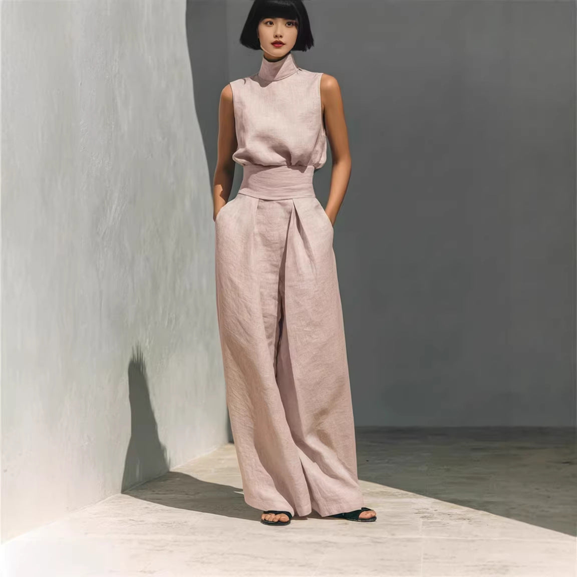 Casual Sleeveless Suit Summer Stand-up Collar Pullover Top
 And Loose Straight-leg Trousers Women's Clothing