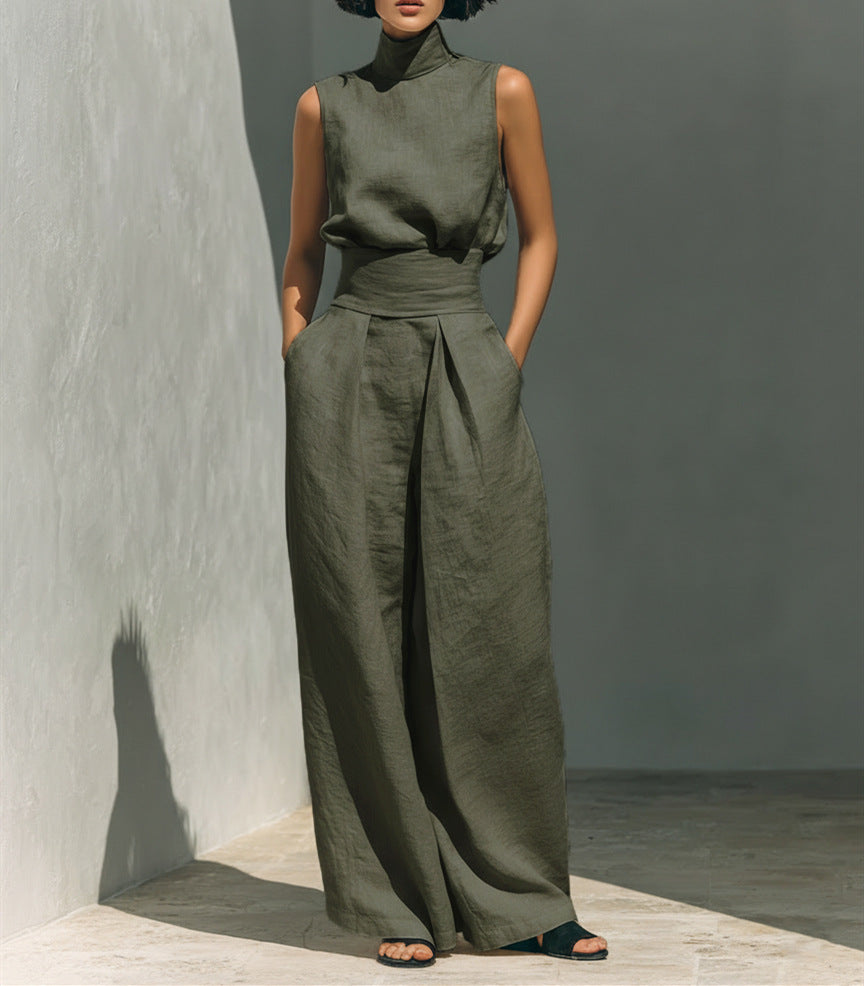 Casual Sleeveless Suit Summer Stand-up Collar Pullover Top
 And Loose Straight-leg Trousers Women's Clothing