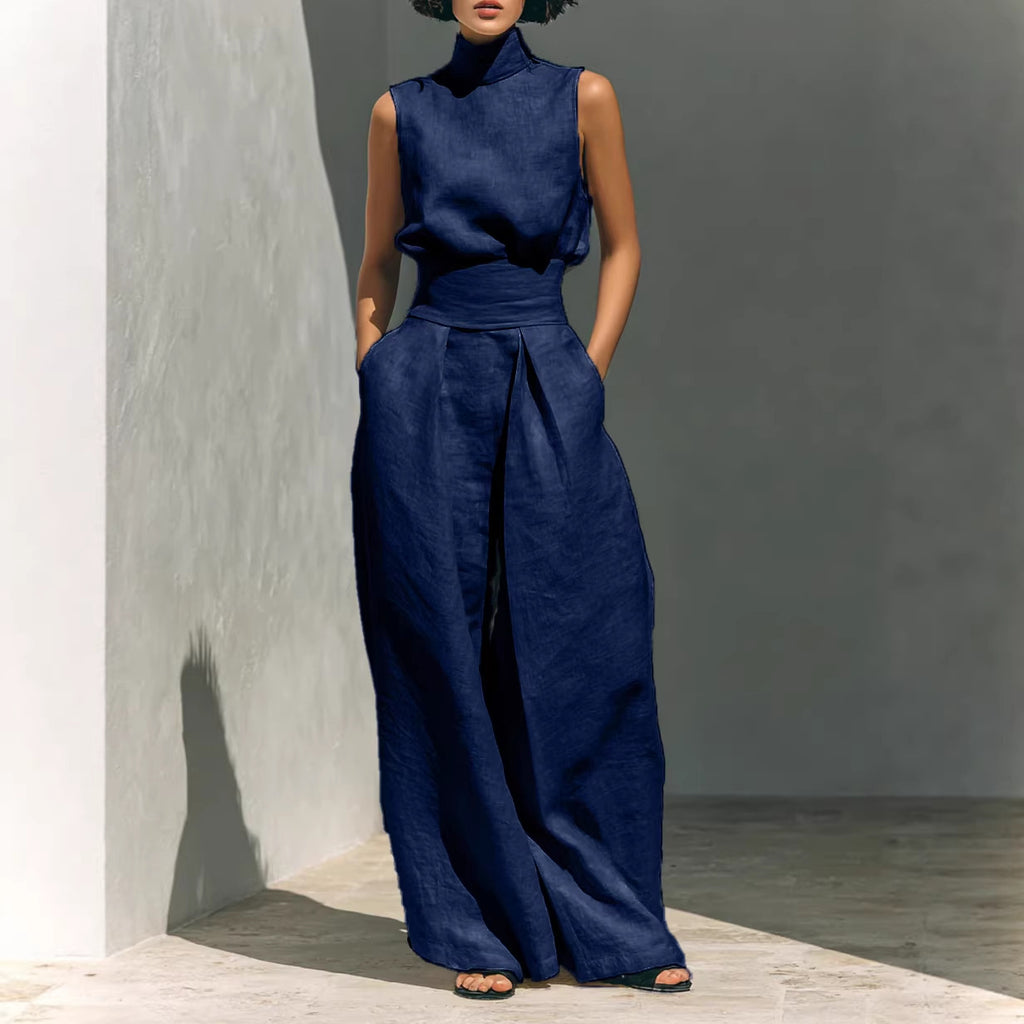 Casual Sleeveless Suit Summer Stand-up Collar Pullover Top
 And Loose Straight-leg Trousers Women's Clothing