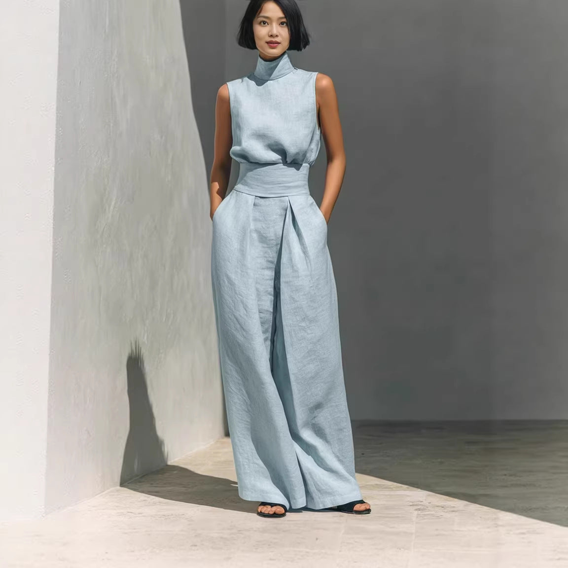 Casual Sleeveless Suit Summer Stand-up Collar Pullover Top
 And Loose Straight-leg Trousers Women's Clothing